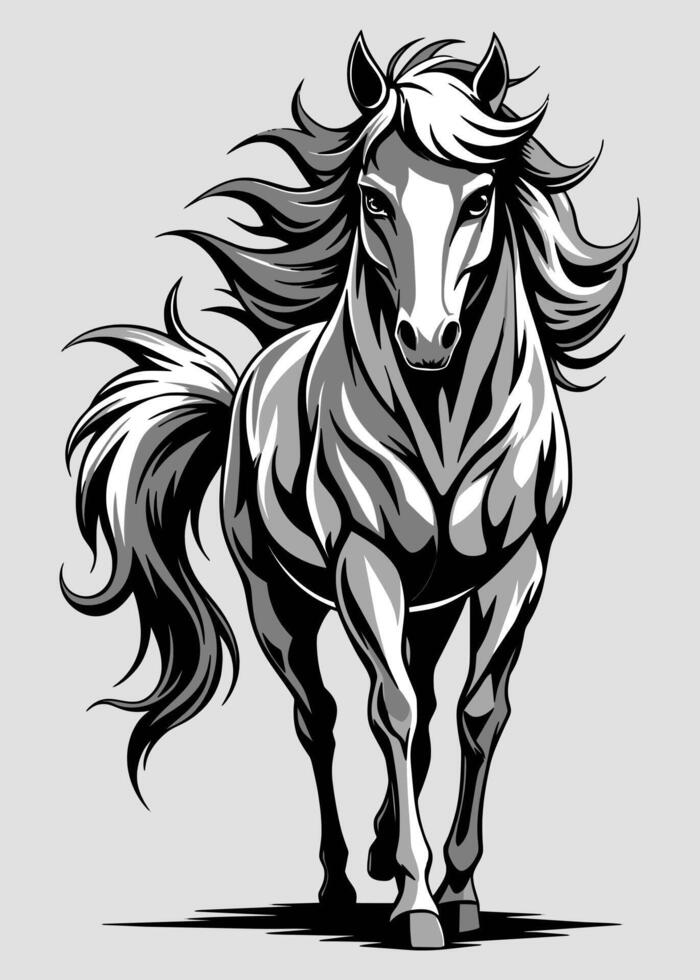 Black and grey ink painting beautiful horse. vector