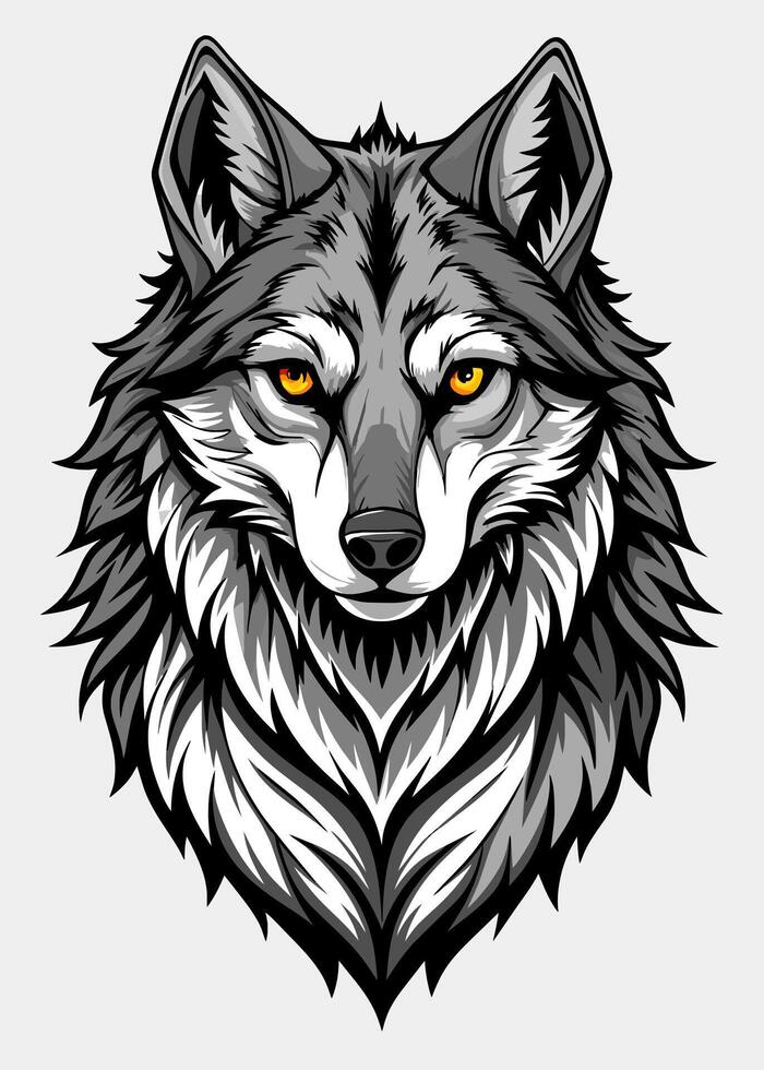 Black and grey ink painting beautiful wolf. vector