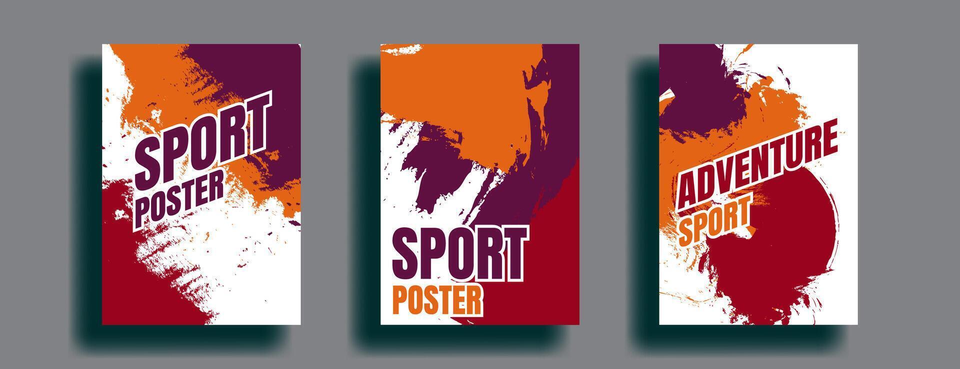Sport poster design set with grunge background in red, orange and purple color. vector illustration