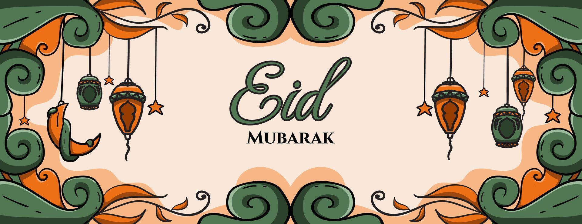 hand drawn islamic illustration ornament in green and orange color.great for  eid mubarak banner, ramadan kareem banner, and other islamic holiday. vector illustration