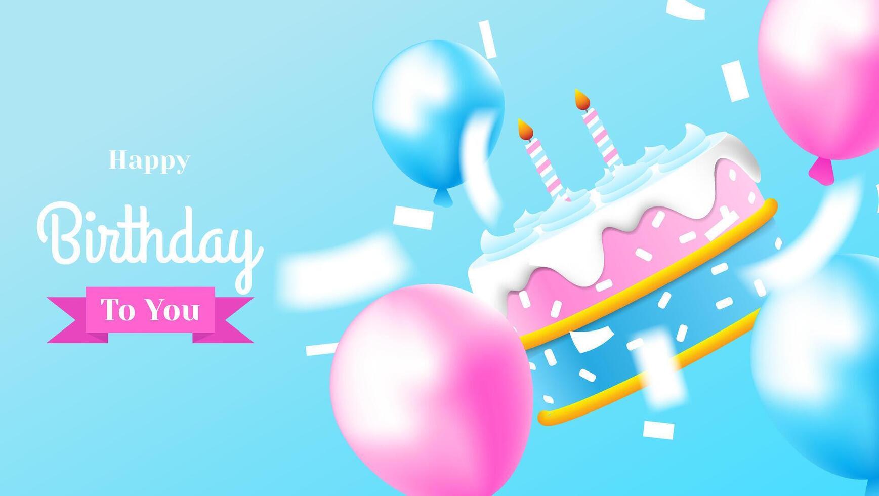 happy birthday card with cake, balloons, confetti and triangle decoration in blue, white and pink color. vector illustration