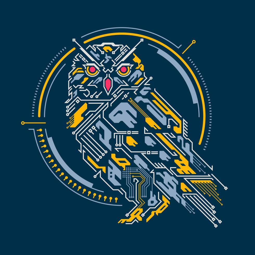 graphic of futuristic owl presented with retro style colour match vector