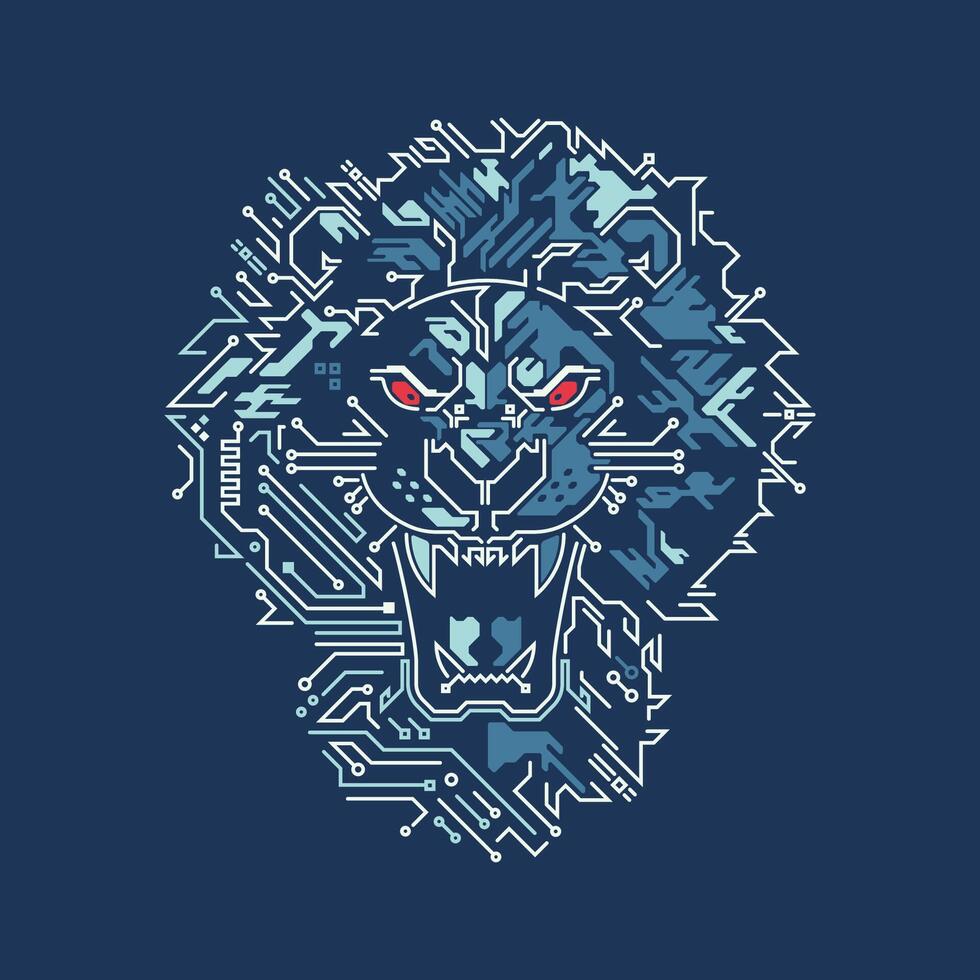 graphic of futuristic lion face presented with retro style colour match vector