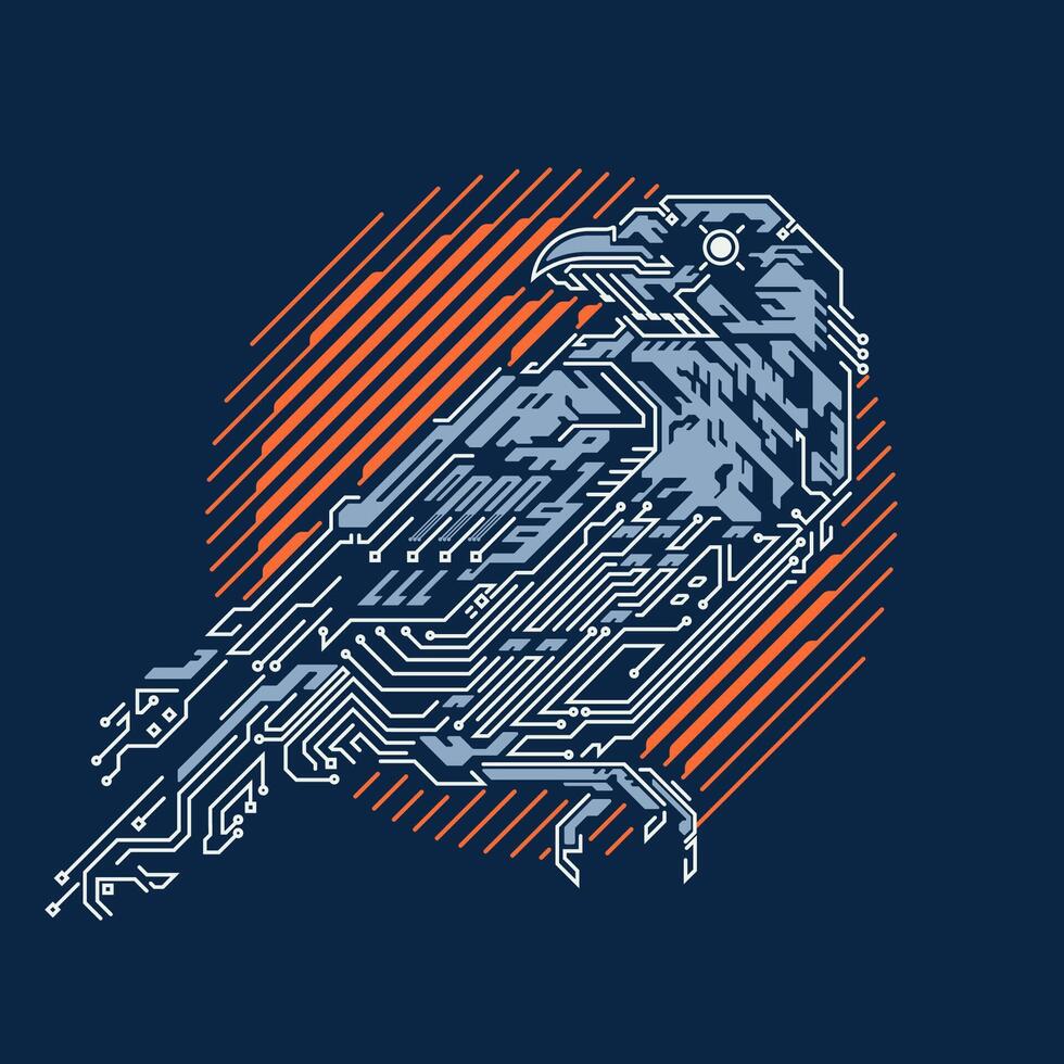 graphic of futuristic crow presented with retro style colour match vector