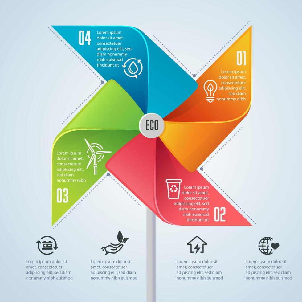 eco friendly infographics and idea for decoration, graphic of colourful paper turbine as ecology infographic background vector