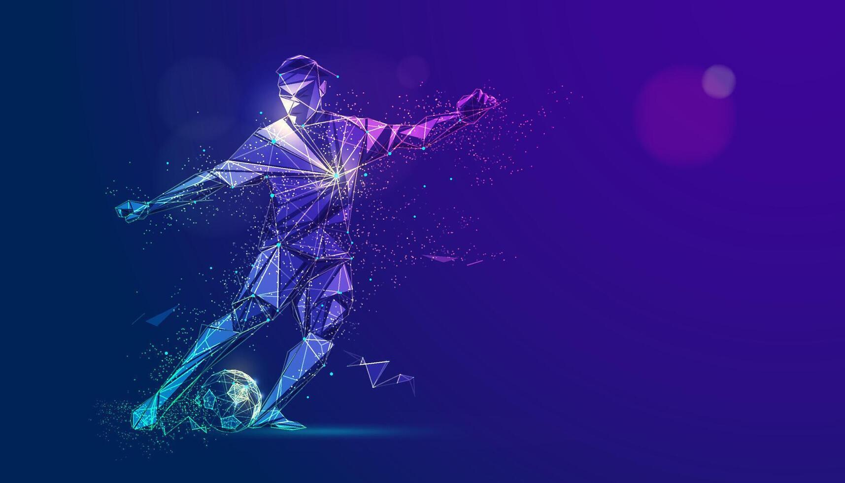 graphic of wireframe low poly soccer player dribing football vector