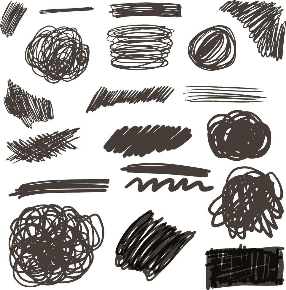 Black pencil curly lines and squiggles,wide strokes. Scribble strokes vector set