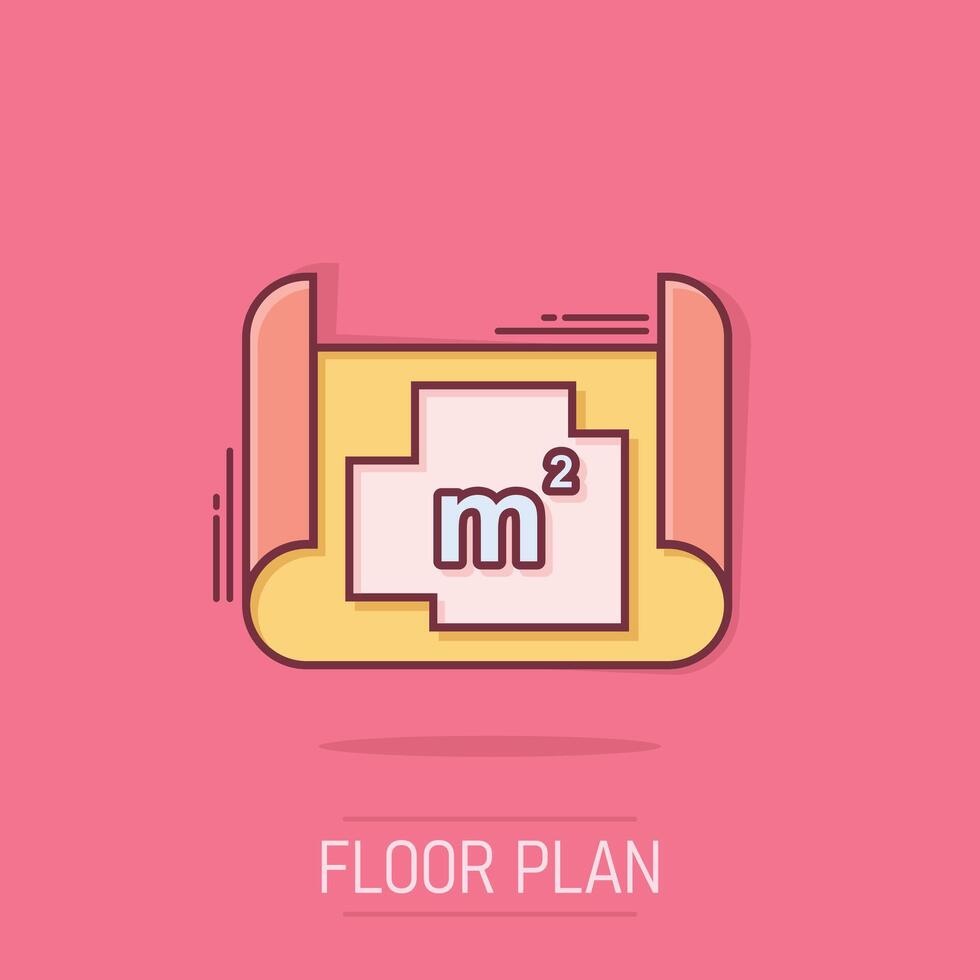 Room plan icon in comic style. Blueprint cartoon vector illustration on isolated background. House project splash effect business concept.