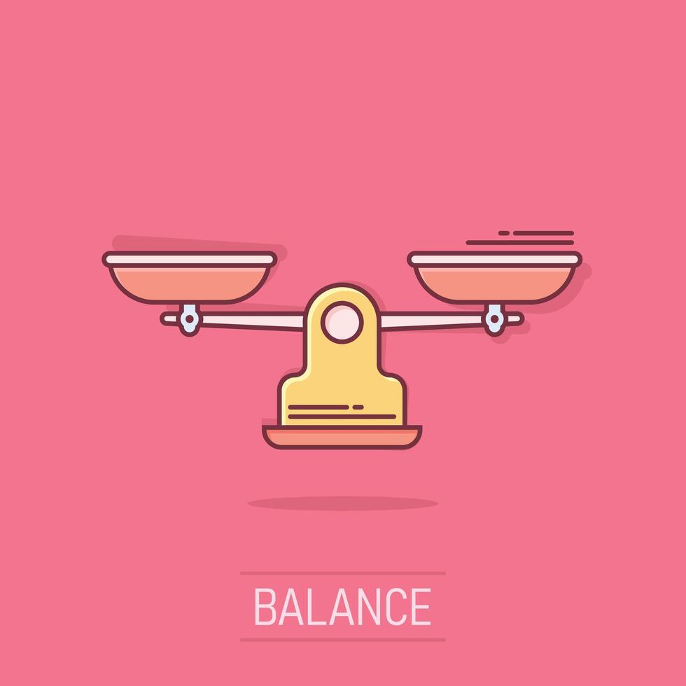 Scale balance icon in comic style. Justice cartoon vector illustration on isolated background. Judgment splash effect business concept.