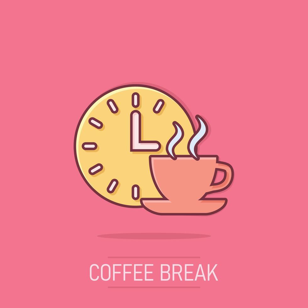 Coffee break icon in comic style. Clock with tea cup cartoon vector illustration on isolated background. Breakfast time splash effect business concept.