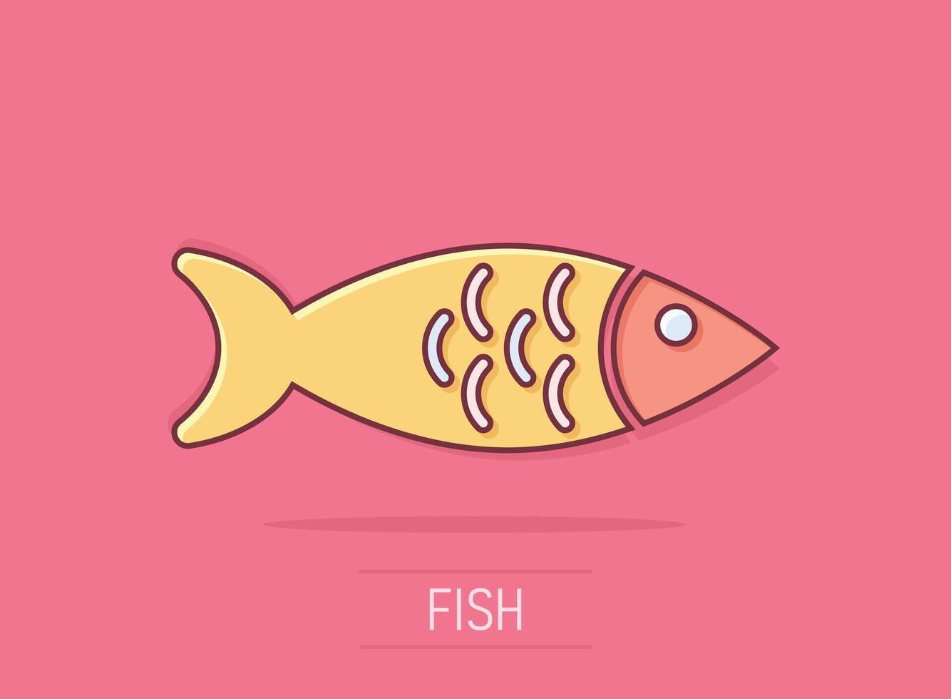 Fish icon in comic style. Seafood cartoon vector illustration on white isolated background. Sea animal splash effect business concept.