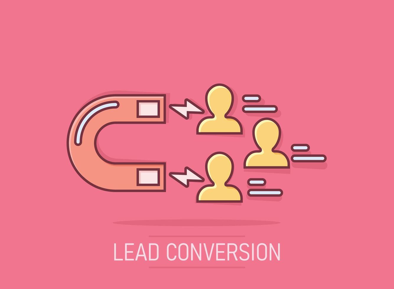 Lead conversion icon in comic style. Attract cartoon vector illustration on isolated background. Magnet splash effect business concept.