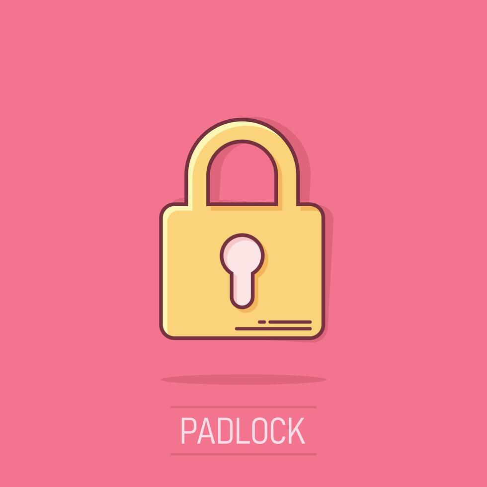 Padlock icon in comic style. Lock cartoon vector illustration on white isolated background. Private splash effect business concept.