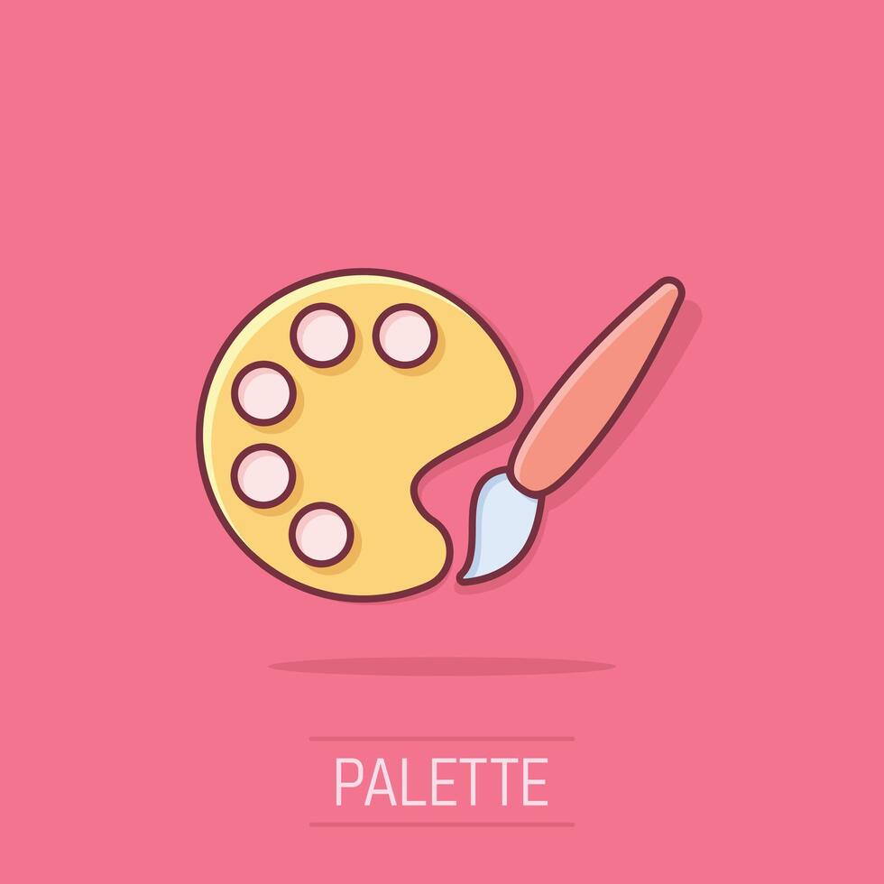 Paint brush icon in comic style. Palette cartoon vector illustration on isolated background. Painter instrument splash effect business concept.