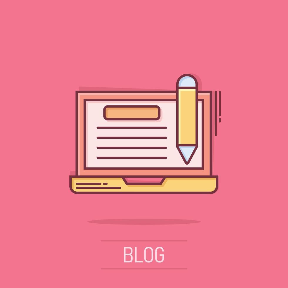 Blogging icon in comic style. Social media communication cartoon vector illustration on isolated background. Content splash effect business concept.