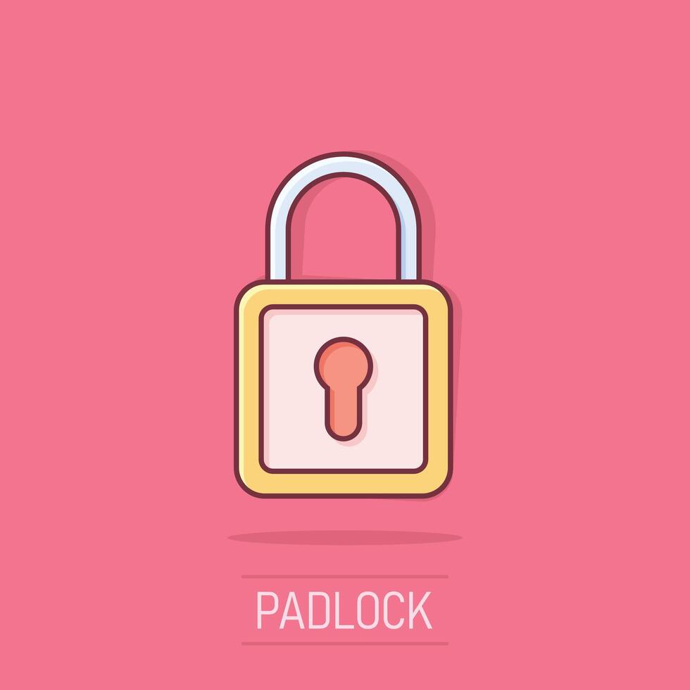 Padlock icon in comic style. Lock cartoon vector illustration on white isolated background. Private splash effect business concept.