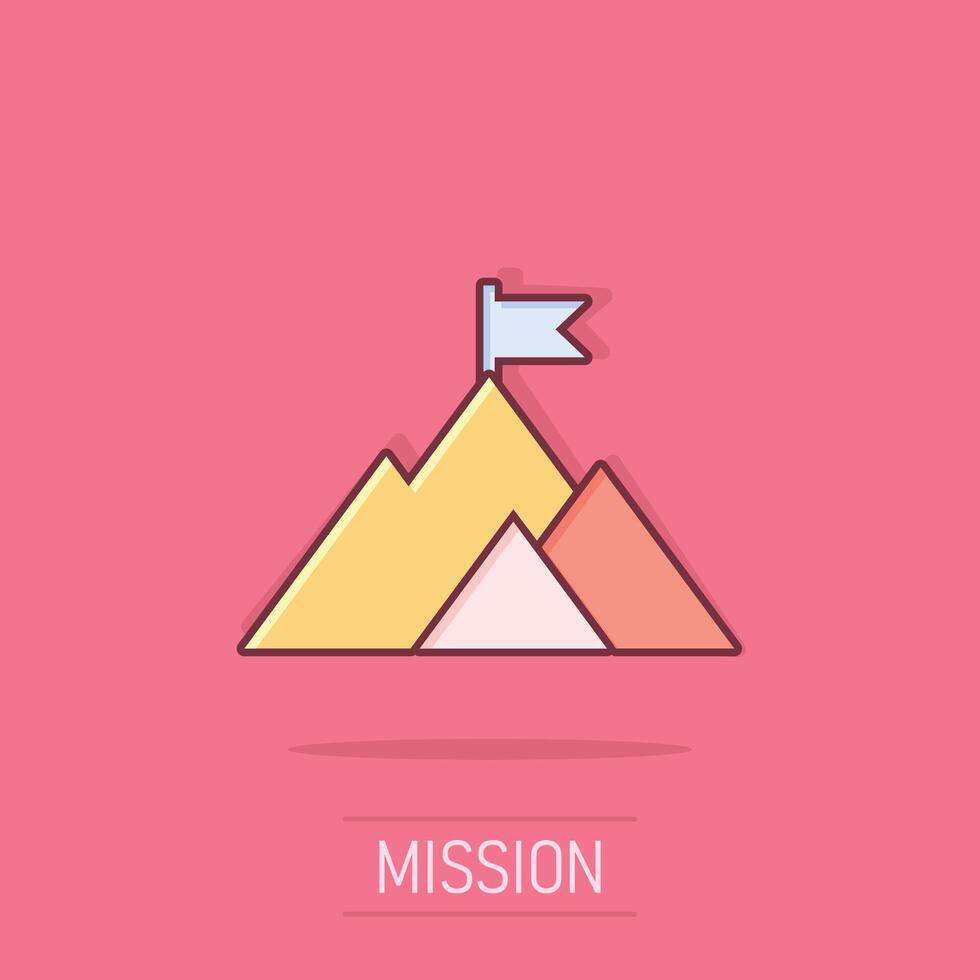 Mission champion icon in comic style. Mountain cartoon vector illustration on isolated background. Leadership splash effect business concept.