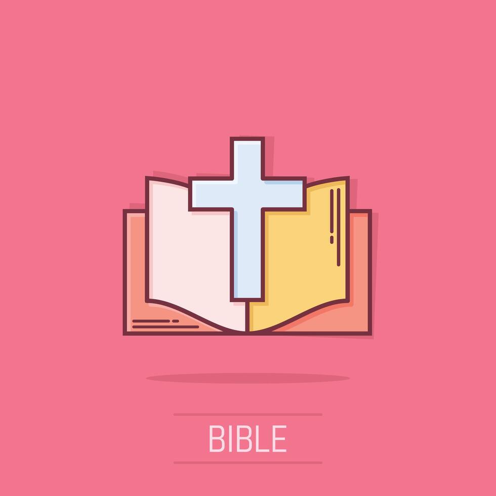 Bible book icon in comic style. Church faith cartoon vector illustration on white isolated background. Spirituality splash effect business concept.