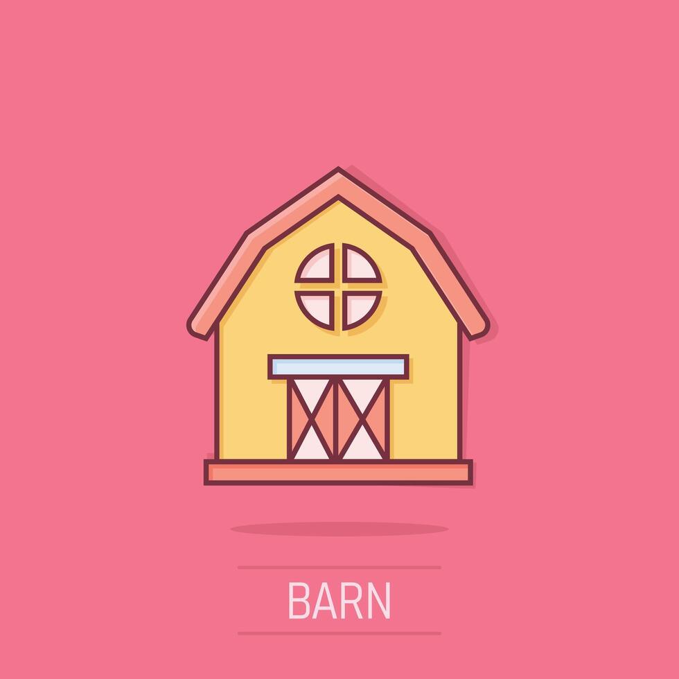 Barn icon in comic style. Farm house cartoon vector illustration on isolated background. Agriculture storehouse splash effect business concept.