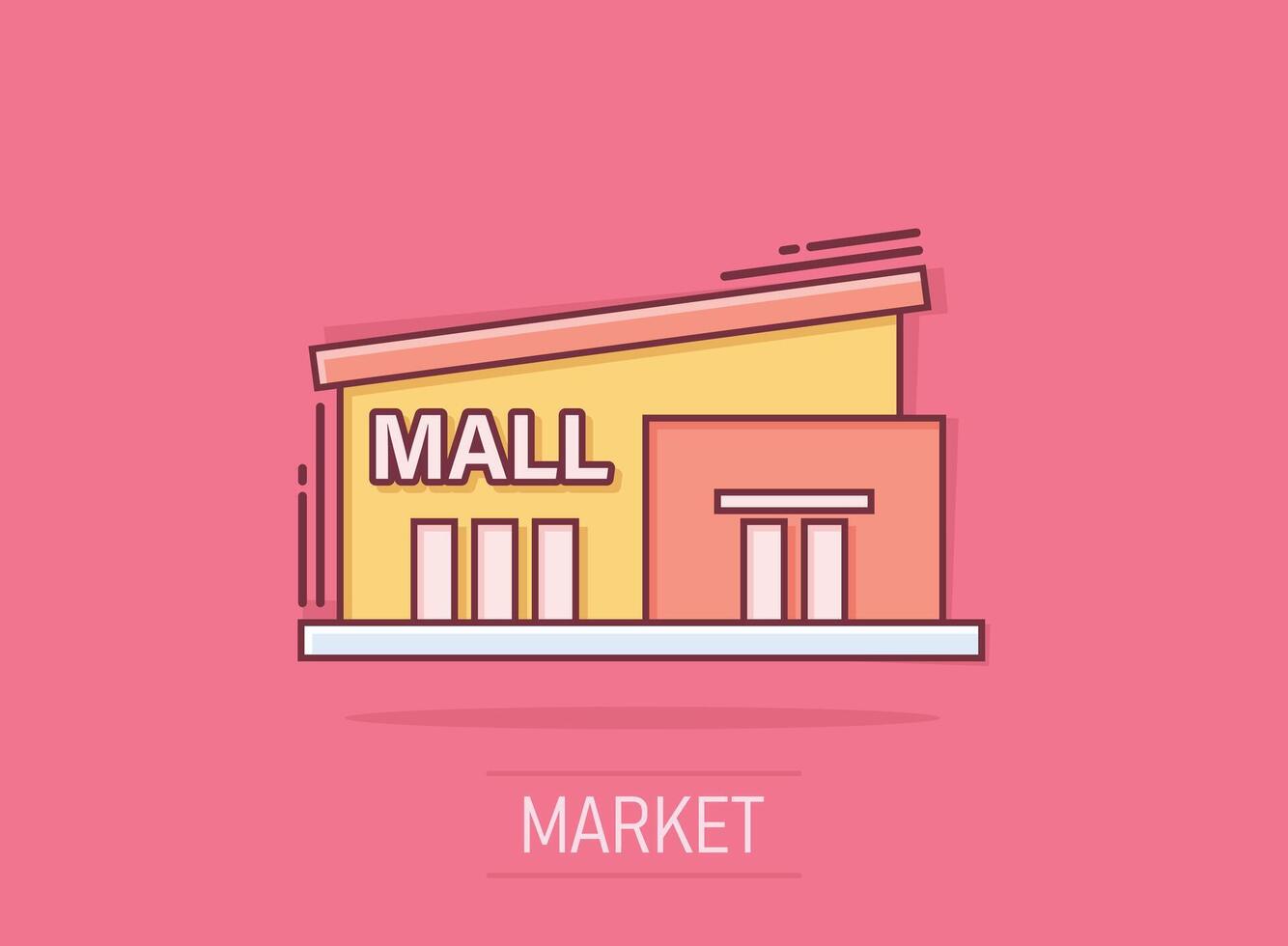 Mall icon in comic style. Store cartoon vector illustration on isolated background. Shop splash effect business concept.