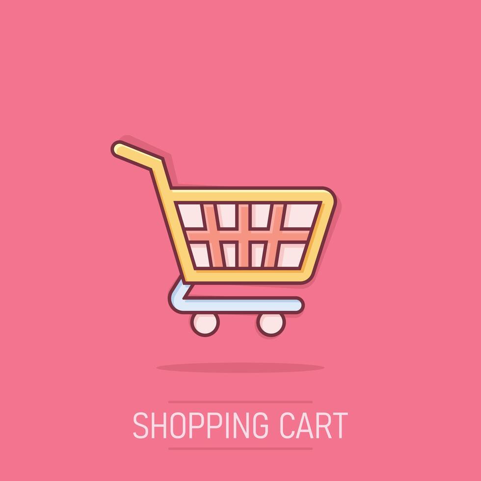 Shopping cart icon in comic style. Trolley cartoon vector illustration on isolated background. Basket splash effect business concept.