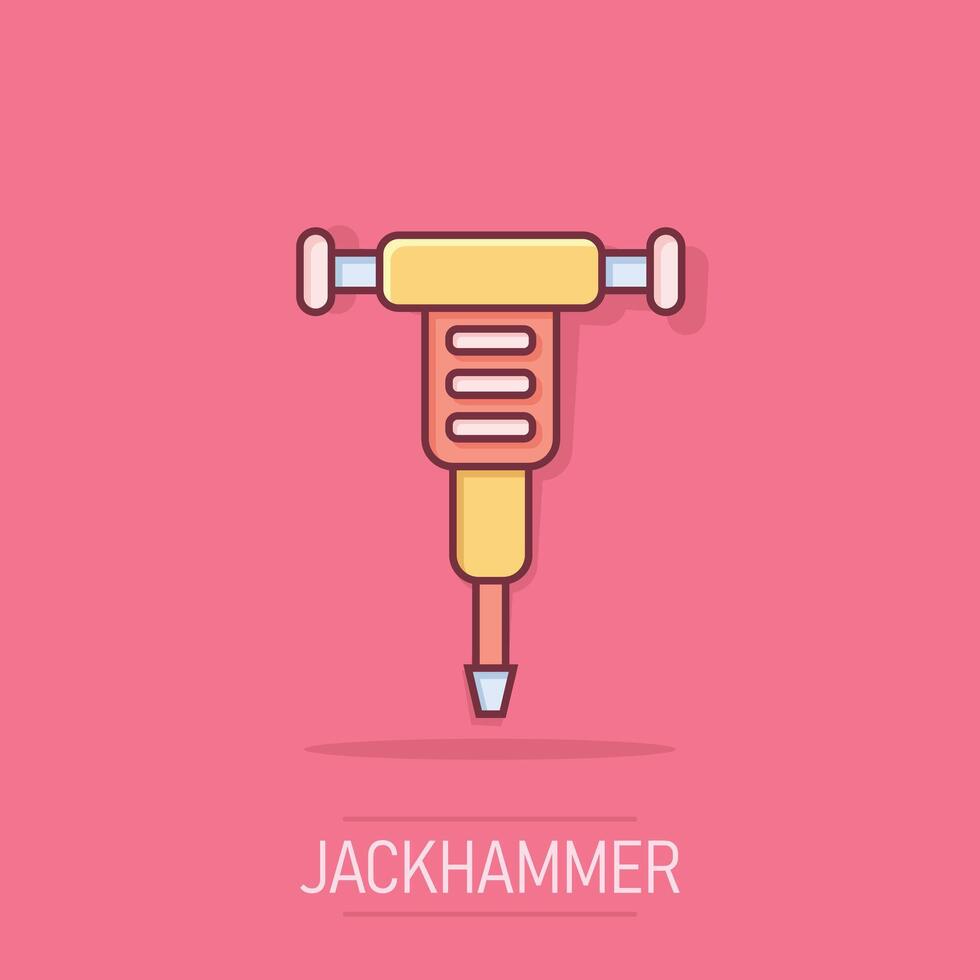 Jackhammer icon in comic style. Demolish package vector illustration on isolated background. Destroy splash effect business concept.