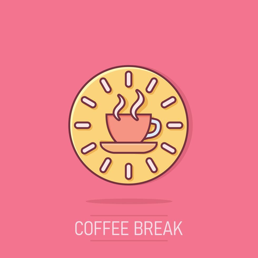 Coffee break icon in comic style. Clock with tea cup cartoon vector illustration on isolated background. Breakfast time splash effect business concept.