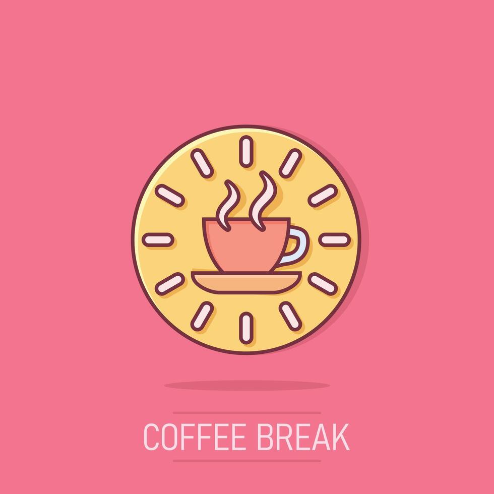 café descanso icono en cómic estilo. reloj con té taza dibujos animados vector ilustración en aislado antecedentes. desayuno hora chapoteo efecto negocio concepto.