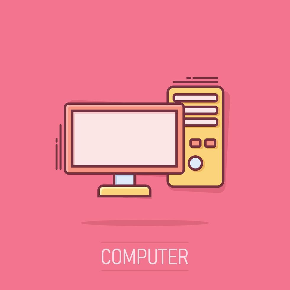 icono de la computadora pc en estilo cómico. ilustración vectorial de dibujos animados de escritorio sobre fondo blanco aislado. concepto de negocio de efecto de salpicadura de monitor de dispositivo. vector