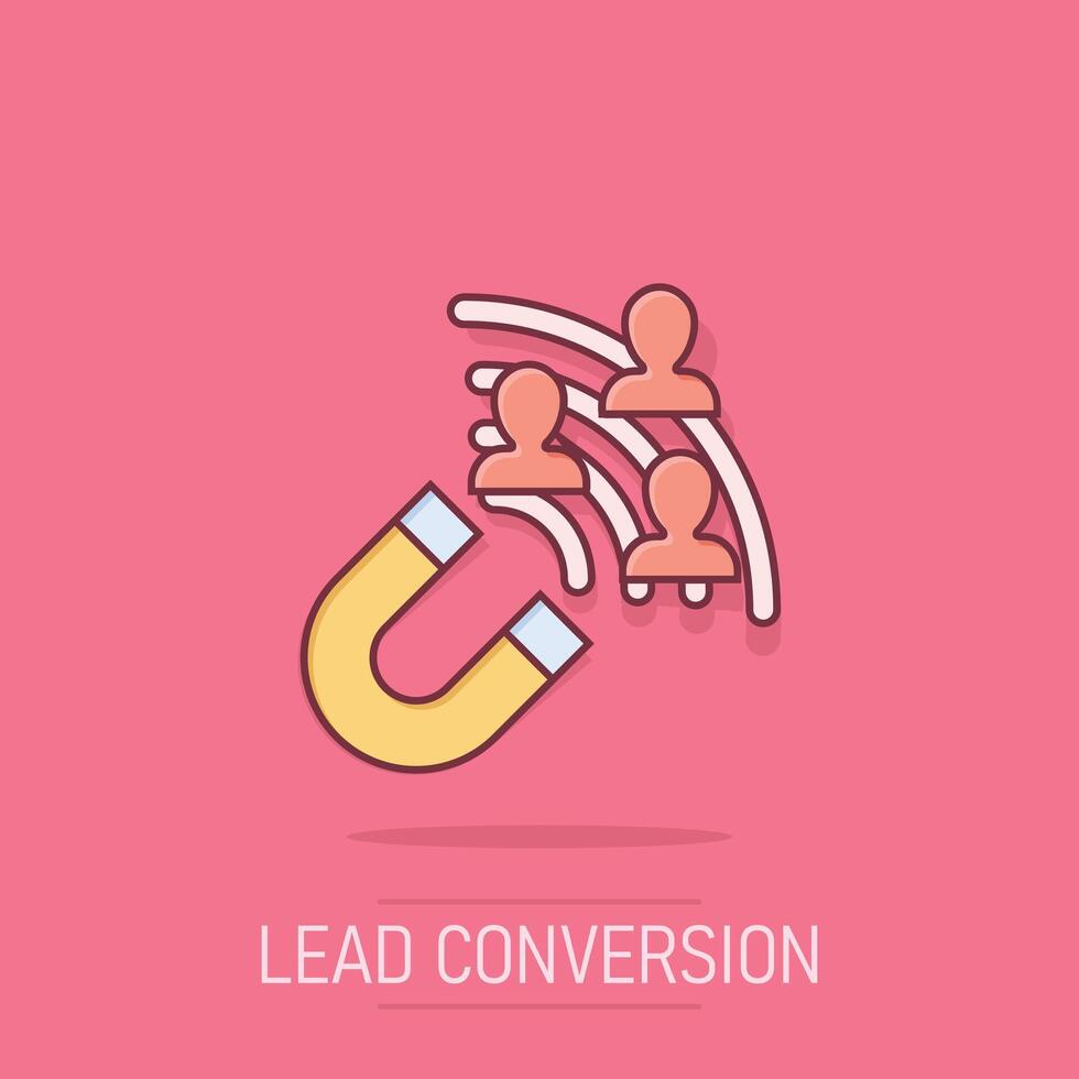 Lead conversion icon in comic style. Attract cartoon vector illustration on isolated background. Magnet splash effect business concept.