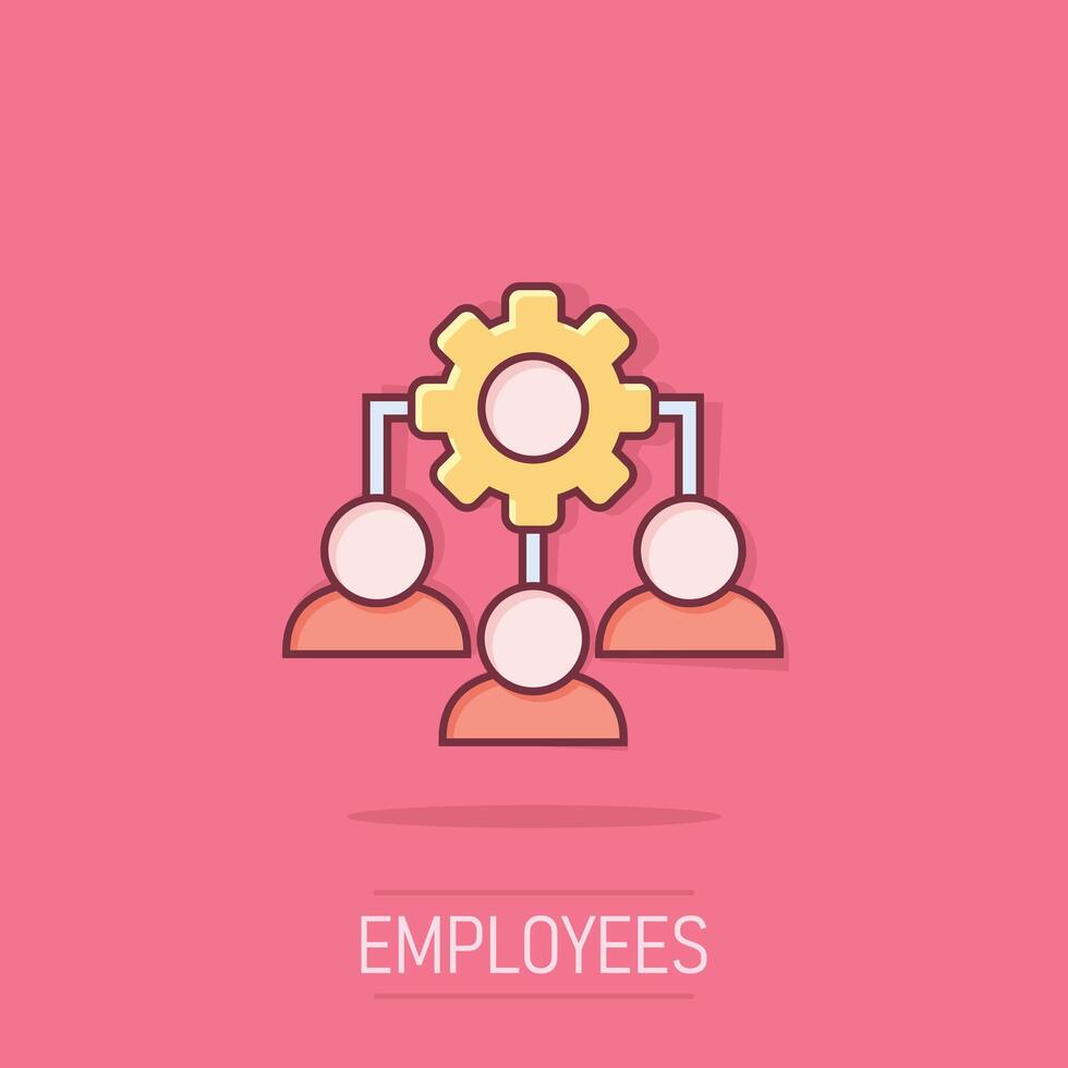 Business training icon in comic style. Gear with people cartoon vector illustration on isolated background. Employee management splash effect concept.