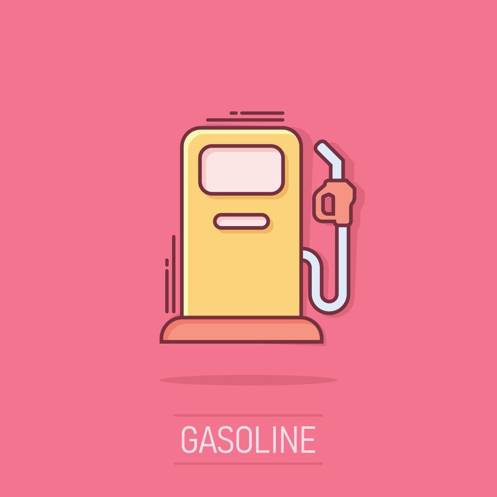 icono de la bomba de combustible en estilo cómico. Ilustración de vector de signo de dibujos animados de gasolinera sobre fondo blanco aislado. concepto de negocio de efecto de salpicadura de gasolina.