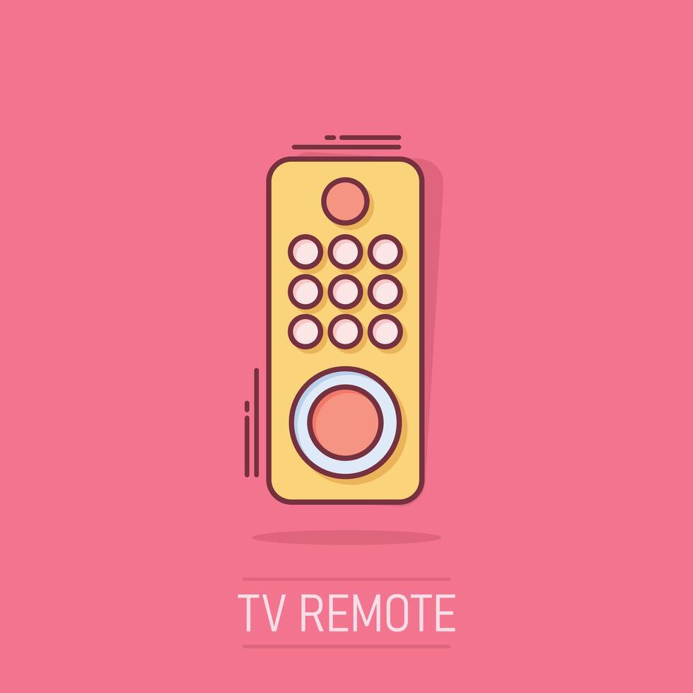 Tv remote icon in comic style. Television cartoon sign vector illustration on white isolated background. Broadcast splash effect business concept.