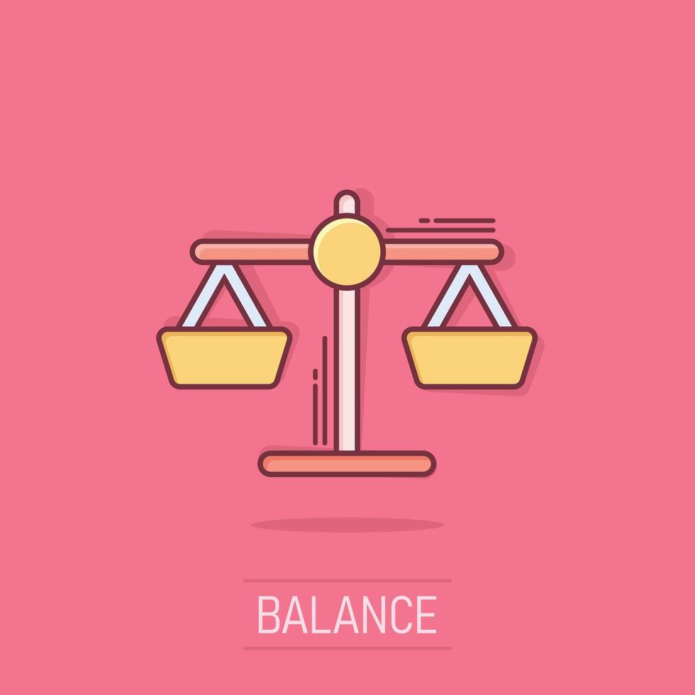 Scale balance icon in comic style. Justice cartoon vector illustration on isolated background. Judgment splash effect business concept.