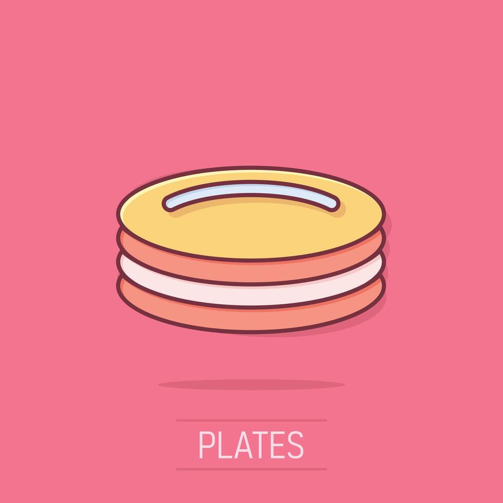 Plate icon in comic style. Dish cartoon vector illustration on white isolated background. Tableware splash effect business concept.