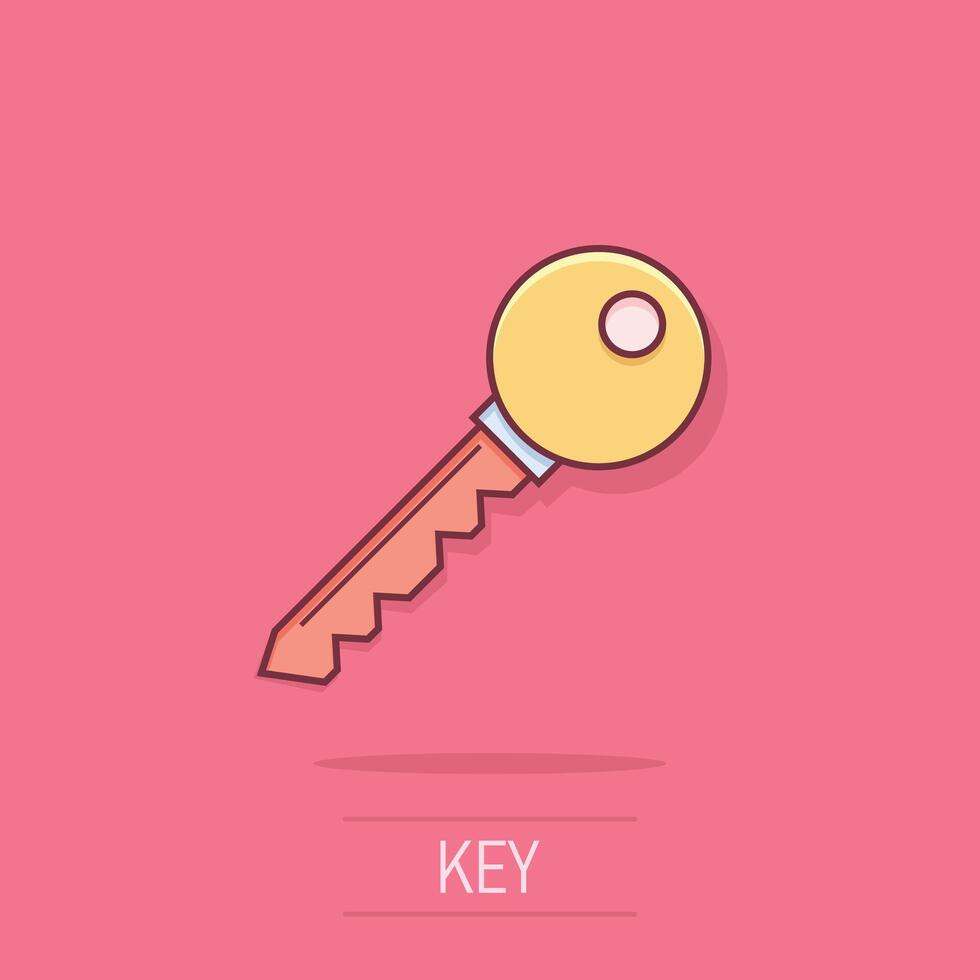 Key icon in comic style. Password cartoon vector illustration on white isolated background. Access splash effect business concept.
