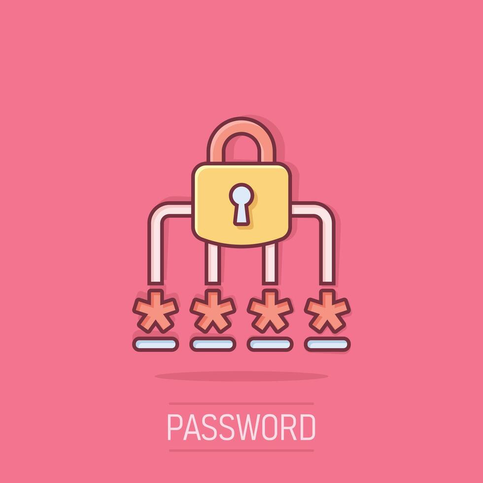 Login icon in comic style. Password access cartoon vector illustration on white isolated background. Padlock entry splash effect business concept.