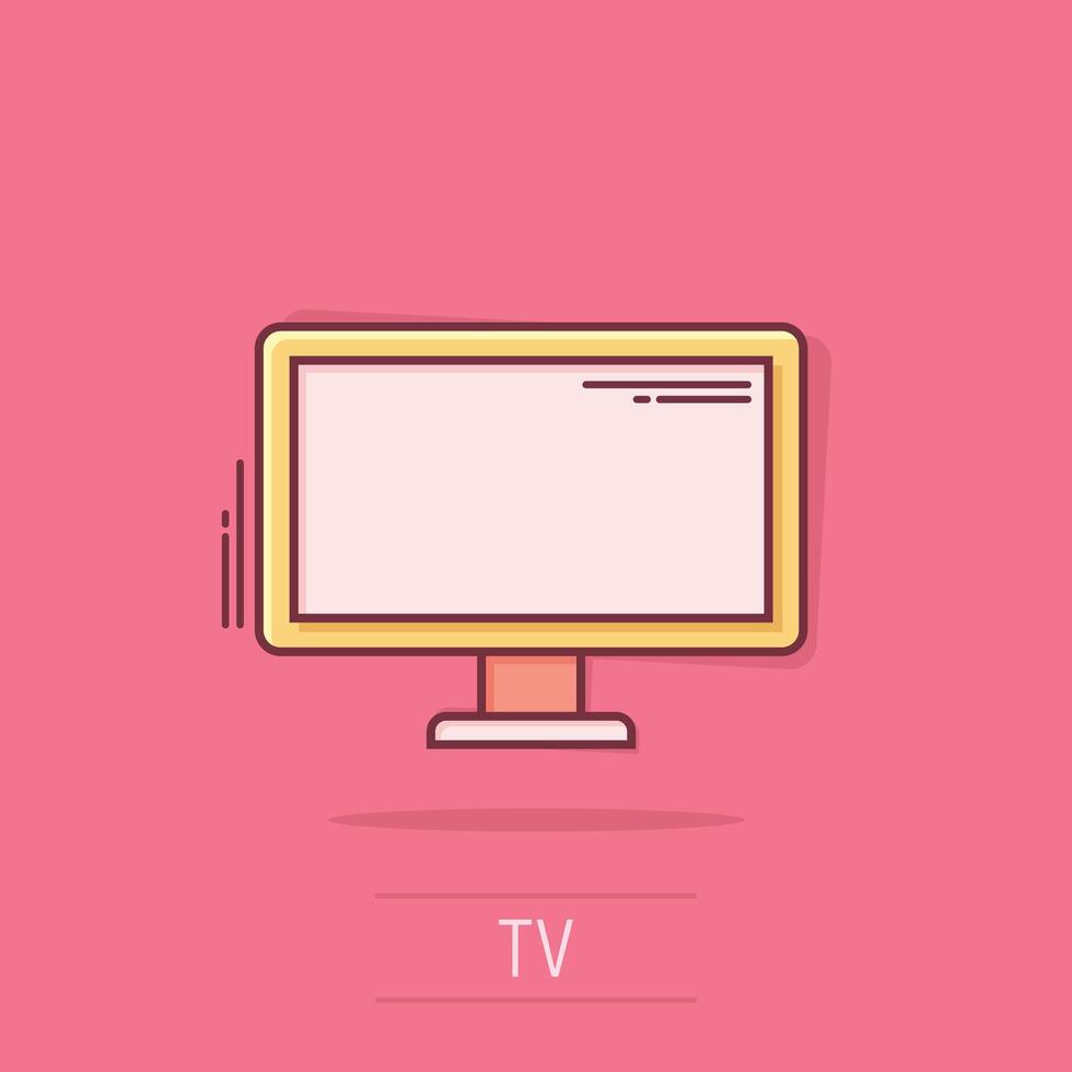 icono de monitor en estilo cómico. ilustración de vector de signo de dibujos animados de televisión sobre fondo blanco aislado. mostrar el concepto de negocio de efecto de salpicadura.