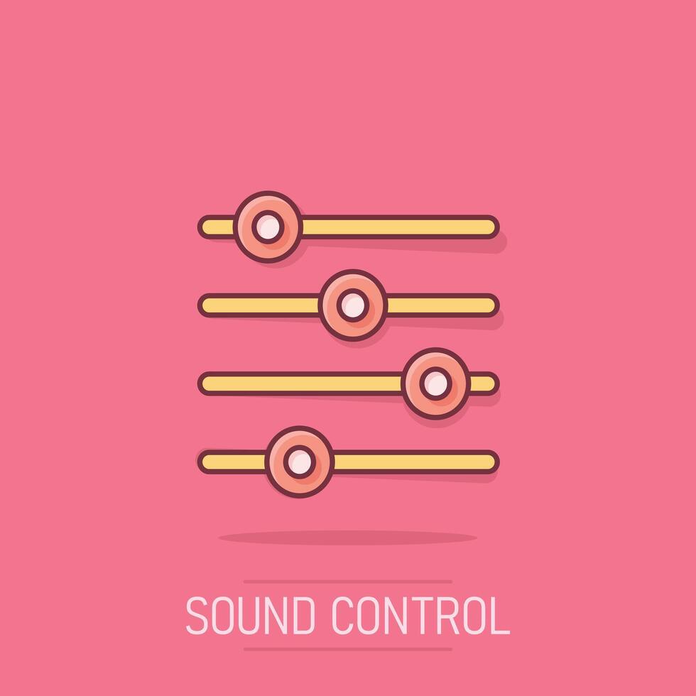 icono de volumen de control en estilo cómico. Ilustración de vector de signo de dibujos animados de ajuste de audio sobre fondo blanco aislado. concepto de negocio de efecto de salpicadura de filtro.