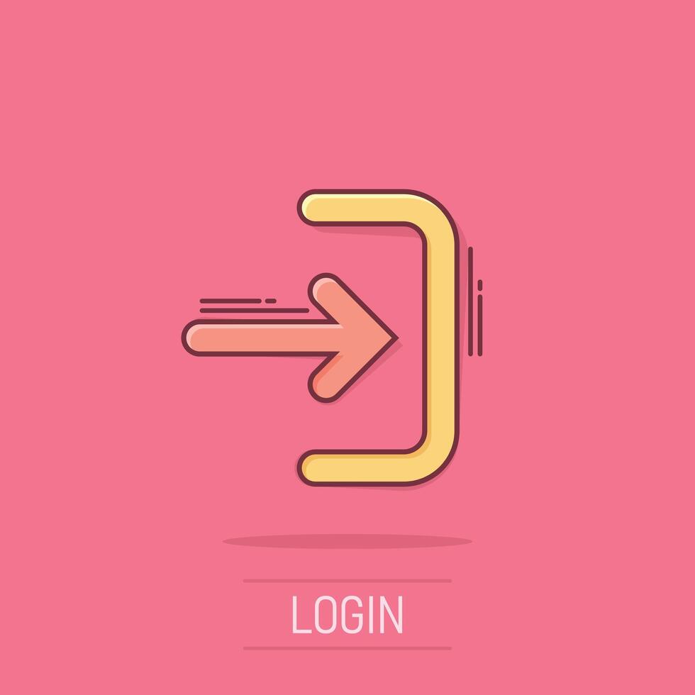 Login icon in comic style. Arrow access cartoon vector illustration on white isolated background. Door entry splash effect business concept.