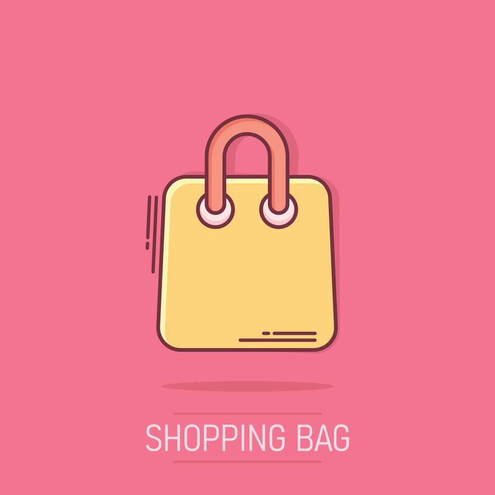 Shopping bag icon in comic style. Handbag cartoon sign vector illustration on white isolated background. Package splash effect business concept.