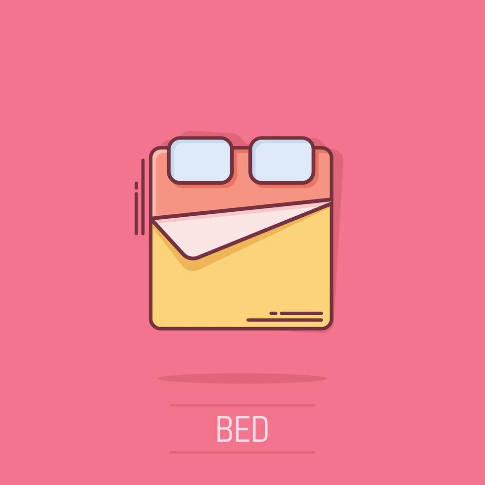 Bed icon in comic style. Bedroom cartoon sign vector illustration on white isolated background. Bedstead splash effect business concept.