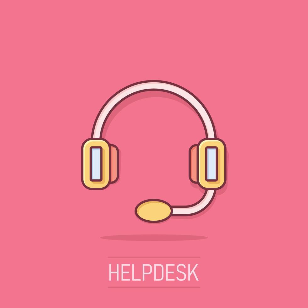 Helpdesk icon in comic style. Headphone cartoon vector illustration on white isolated background. Chat operator splash effect business concept.