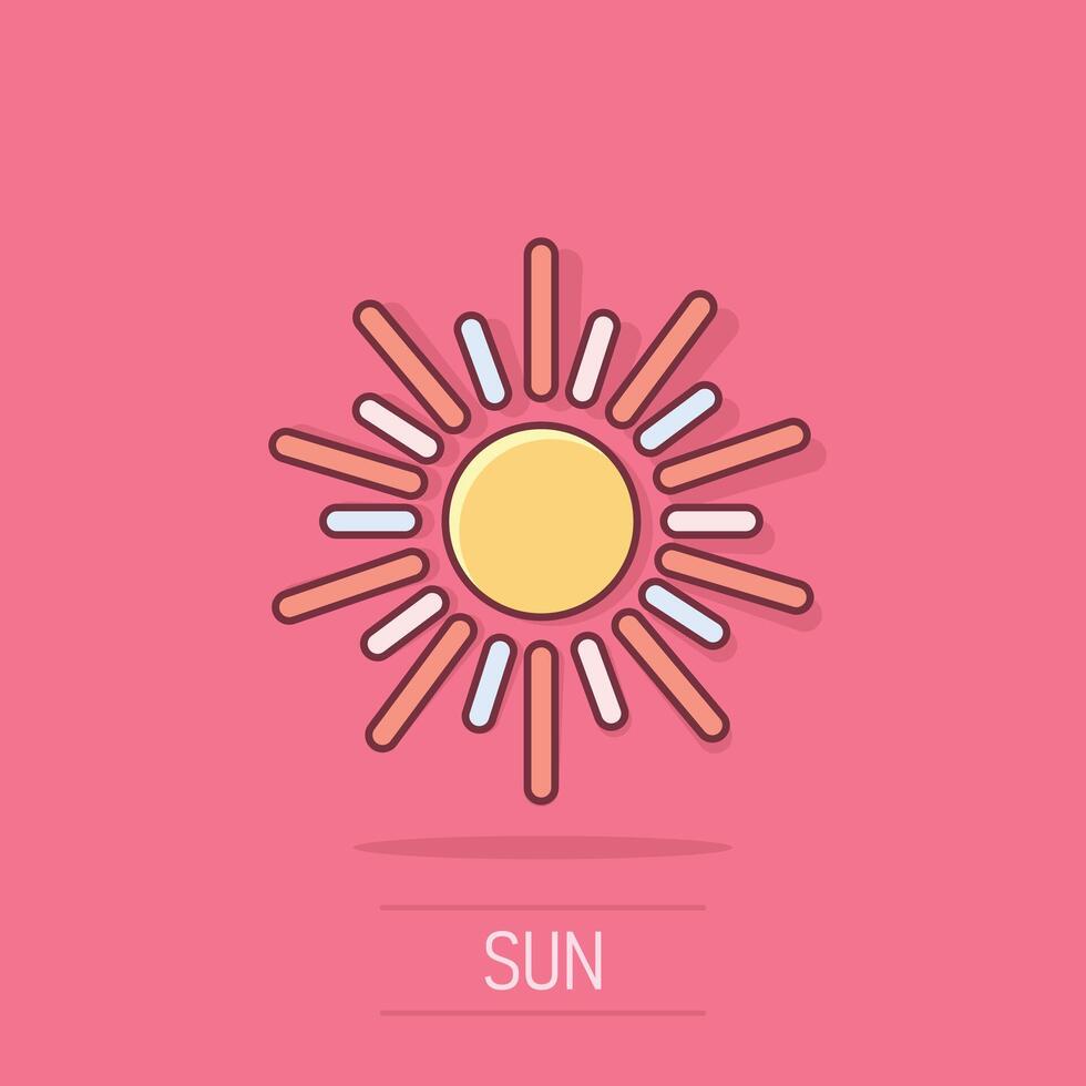 icono de sol en estilo cómico. ilustración de vector de signo de dibujos animados de luz solar sobre fondo blanco aislado. concepto de negocio de efecto de salpicadura de luz diurna.