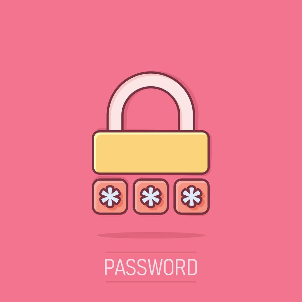 Login icon in comic style. Password access cartoon vector illustration on white isolated background. Padlock entry splash effect business concept.