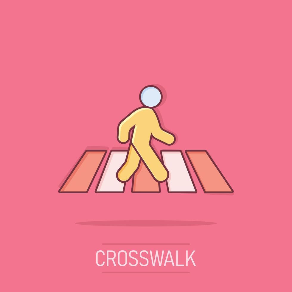 Pedestrian crosswalk icon in comic style. People walkway cartoon sign vector illustration on white isolated background. Navigation splash effect business concept.