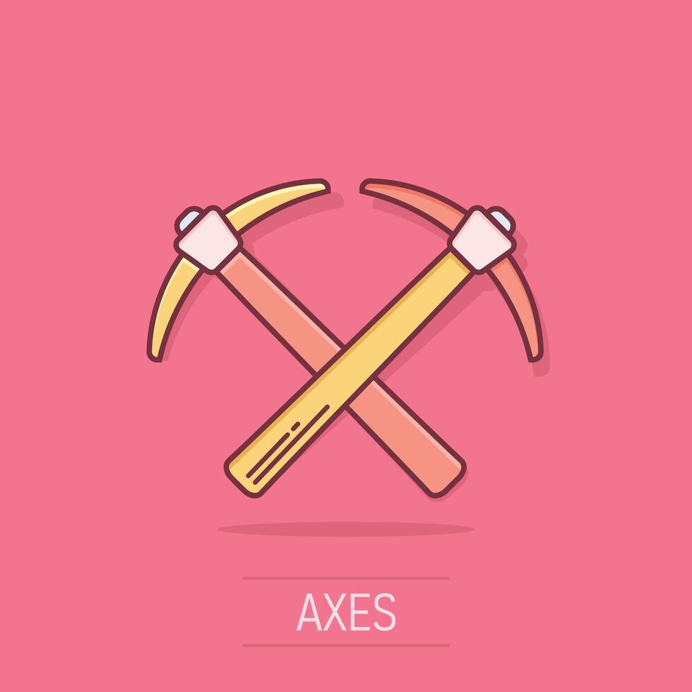Axe icon in comic style. Lumberjack cartoon vector illustration on white isolated background. Blade splash effect business concept.