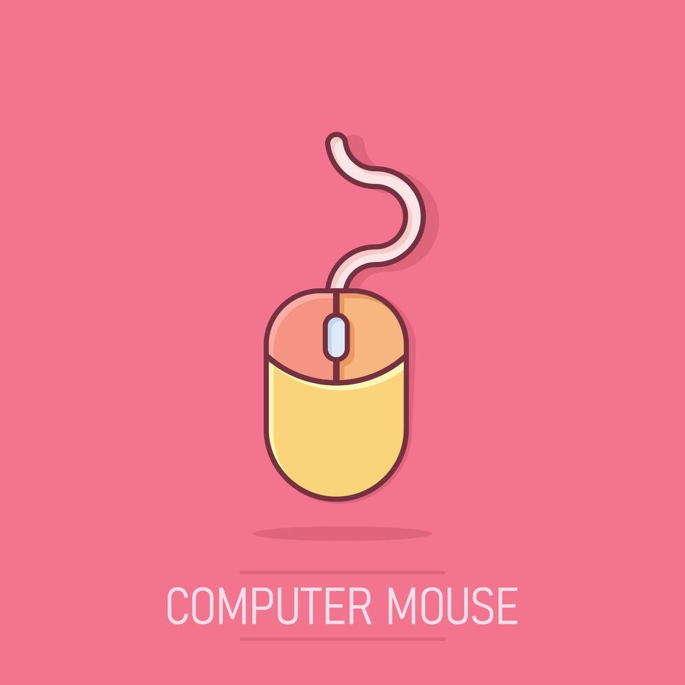Computer mouse icon in comic style. Cursor cartoon vector illustration on white isolated background. Pointer splash effect business concept.