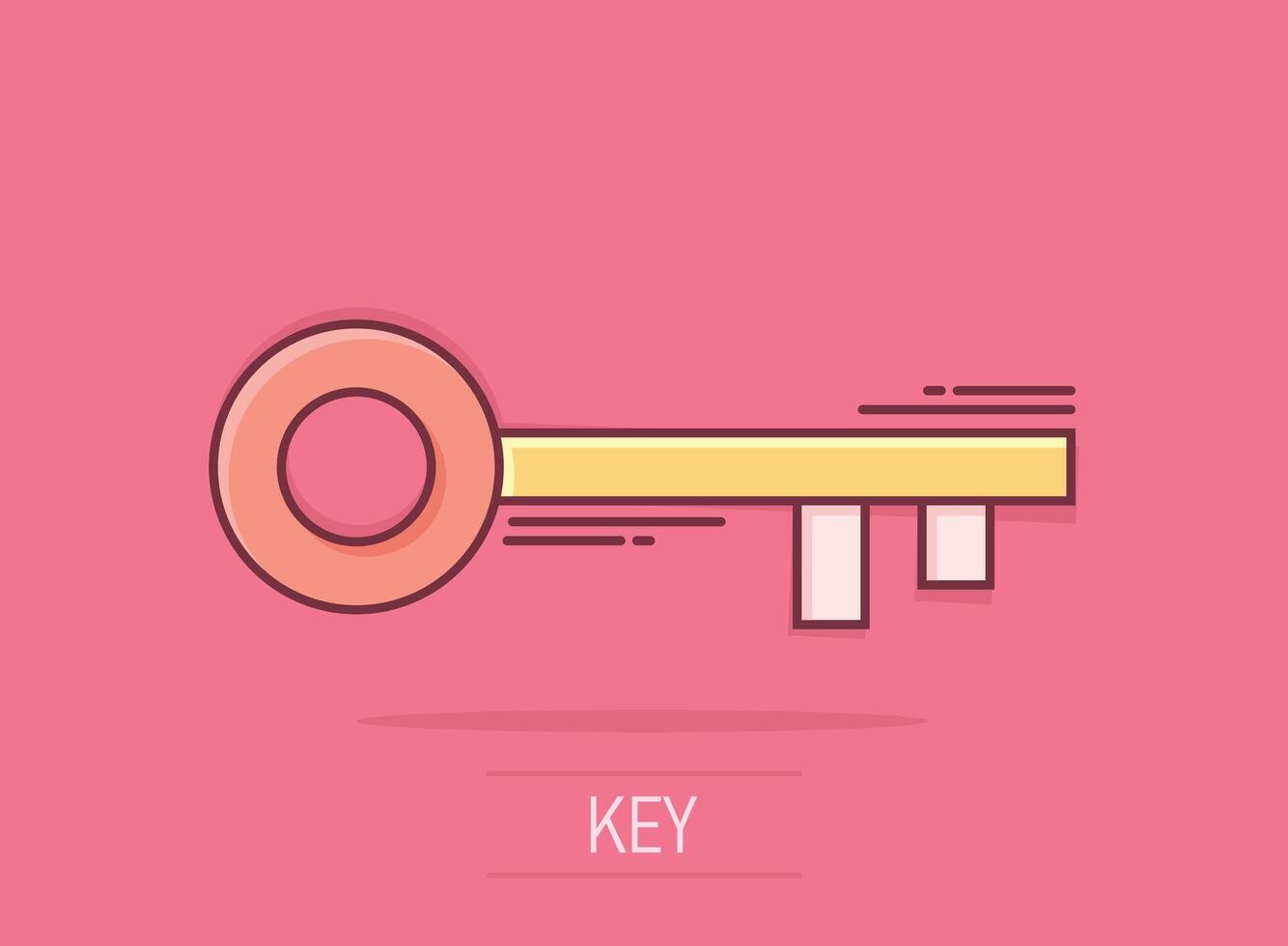 Key icon in comic style. Password cartoon vector illustration on white isolated background. Access splash effect business concept.