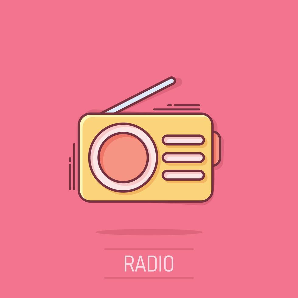 icono de radio en estilo cómico. ilustración de vector de dibujos animados de transmisión fm sobre fondo blanco aislado. concepto de negocio de efecto de salpicadura de radiodifusión.